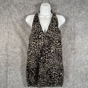 Y2K Animal Print Halter Top Womens Large Babydoll Festival Leopard Mesh Metal
